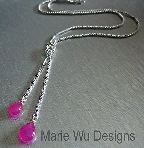 Hot Pink-Natural Gel Pink Sapphire-Sterling Silver Lariat Necklace Hot Pink-Natural Gel Pink Sapphire-Sterling Silver Lariat Necklace