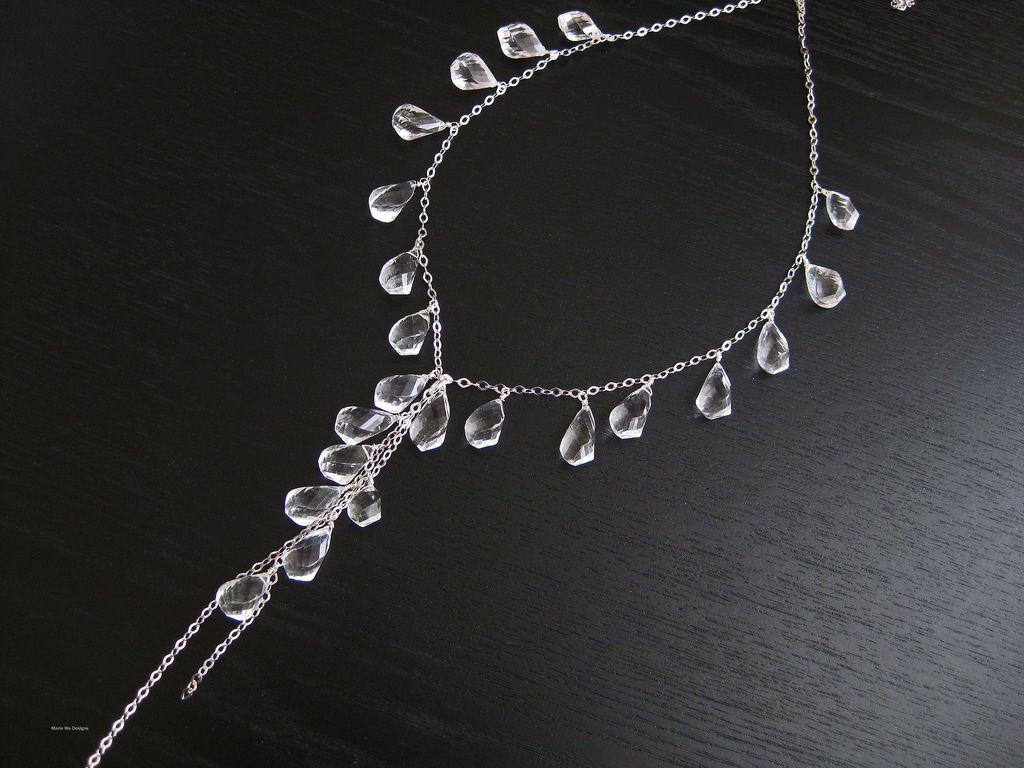 Crystal Quartz Briolettes-Sterling Silver-Long Cascading Necklace Crystal Quartz Briolettes-Sterling Silver-Long Cascading Necklace