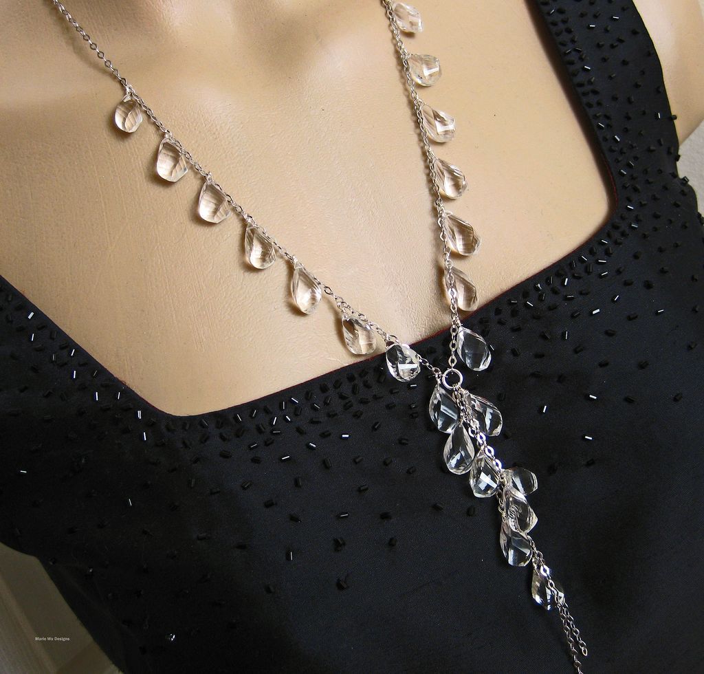Crystal Quartz Briolettes-Sterling Silver-Long Cascading Necklace Crystal Quartz Briolettes-Sterling Silver-Long Cascading Necklace