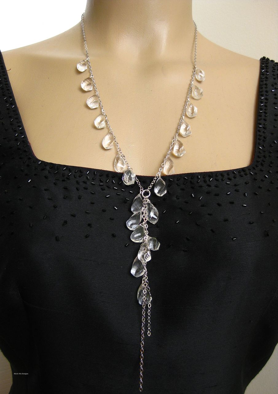 Crystal Quartz Briolettes-Sterling Silver-Long Cascading Necklace Crystal Quartz Briolettes-Sterling Silver-Long Cascading Necklace