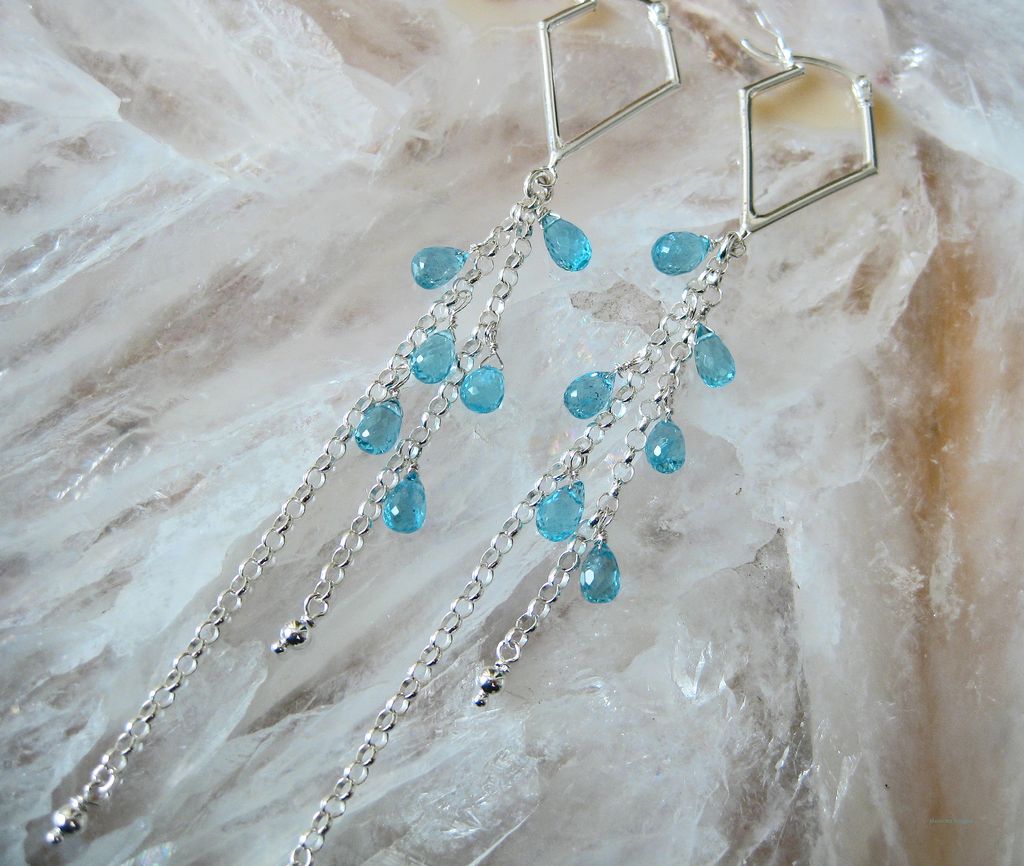 Electric Apatite-Eclectic Shape Sterling Silver Hoop-Cascade Long Earrings Electric Apatite-Eclectic Shape Sterling Silver Hoop-Cascade Long Earrings