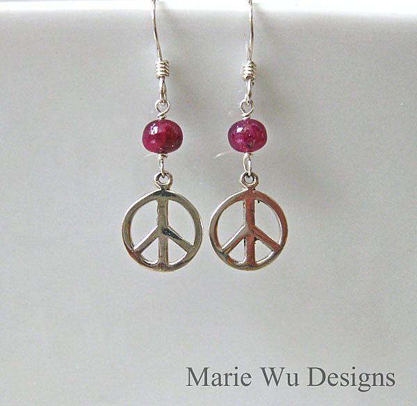 Love n Peace-Ruby Peace Sign-Sterling Silver Dangle Earrings Love n Peace-Ruby Peace Sign-Sterling Silver Dangle Earrings