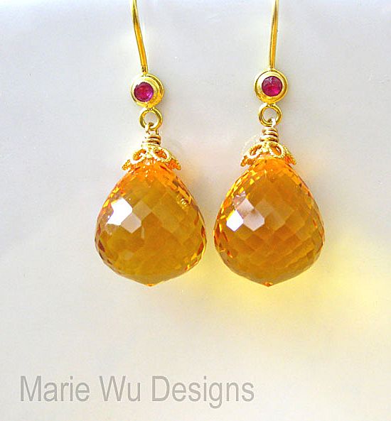 IF Clarity Golden Citrine-Ruby-18k Solid Yellow Gold Earrings IF Clarity Golden Citrine-Ruby-18k Solid Yellow Gold Earrings