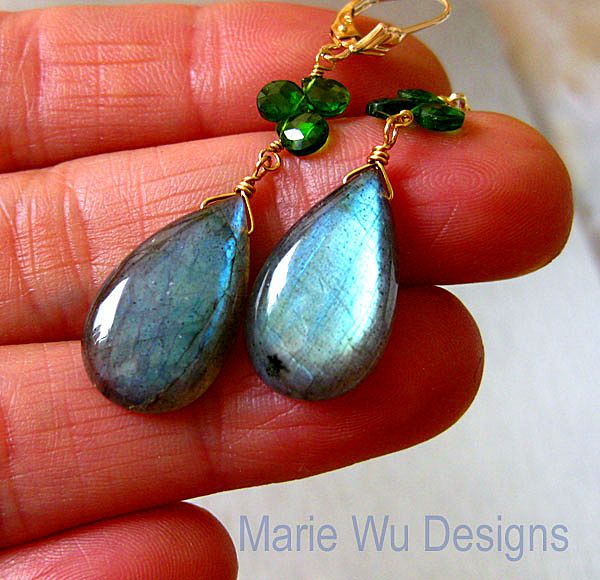 Chrome Diopside-Intense Fire Labradorite-14k Solid Yellow Gold Leverback Earrings Chrome Diopside-Intense Fire Labradorite-14k Solid Yellow Gold Leverback Earrings