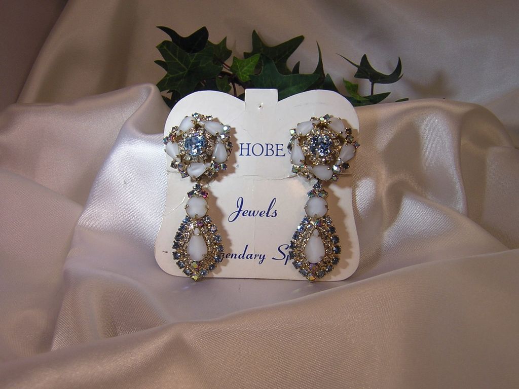 Hobe' - Vintage Satin Glass & Blue Rhinestone Drop Earrings Hobe' - Vintage Satin Glass & Blue Rhinestone Drop Earrings