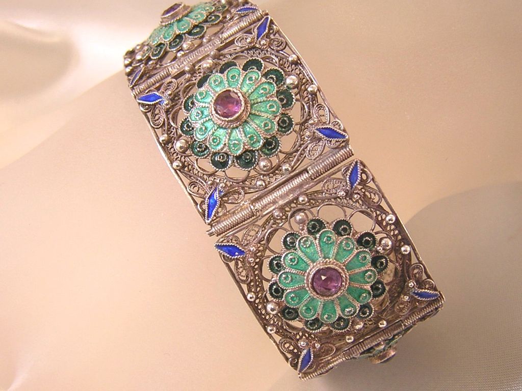 Art Deco - Chinese Silver, Enamel & Amethyst Panel Bracelet Art Deco - Chinese Silver, Enamel & Amethyst Panel Bracelet