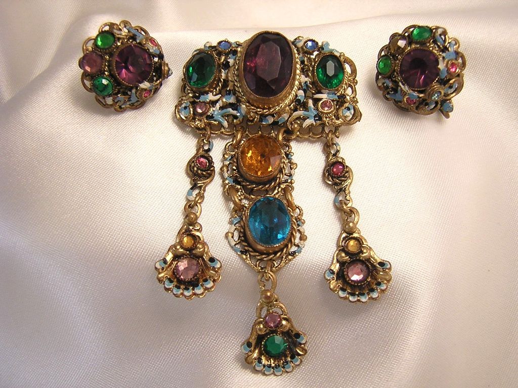 Gorgeous Enameled Czech Brooch & Earrings Gorgeous Enameled Czech Brooch & Earrings