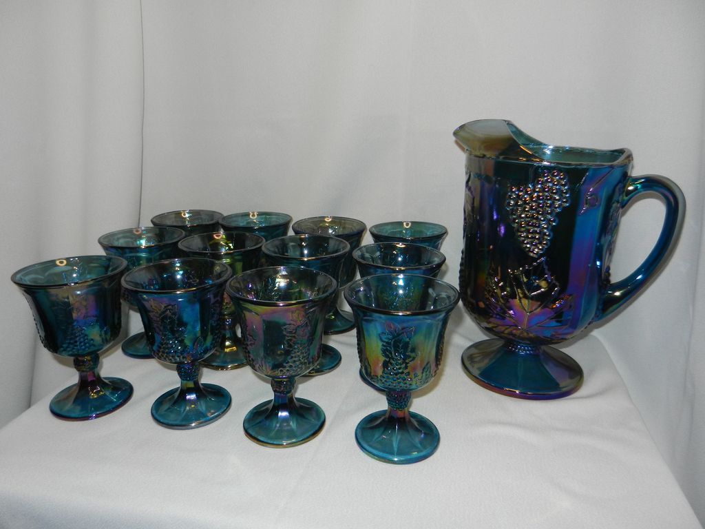 Vintage Indiana Carnival Glass Harvest Pitcher and Goblets Vintage Indiana Carnival Glass Harvest Pitcher and Goblets