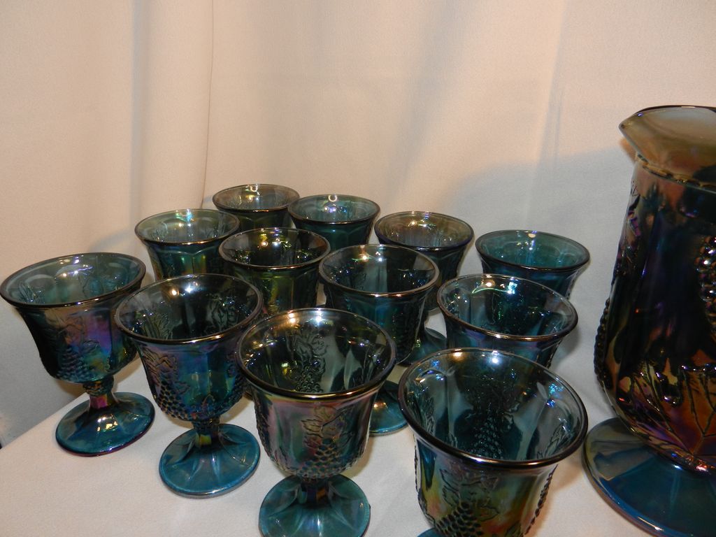 Vintage Indiana Carnival Glass Harvest Pitcher and Goblets Vintage Indiana Carnival Glass Harvest Pitcher and Goblets
