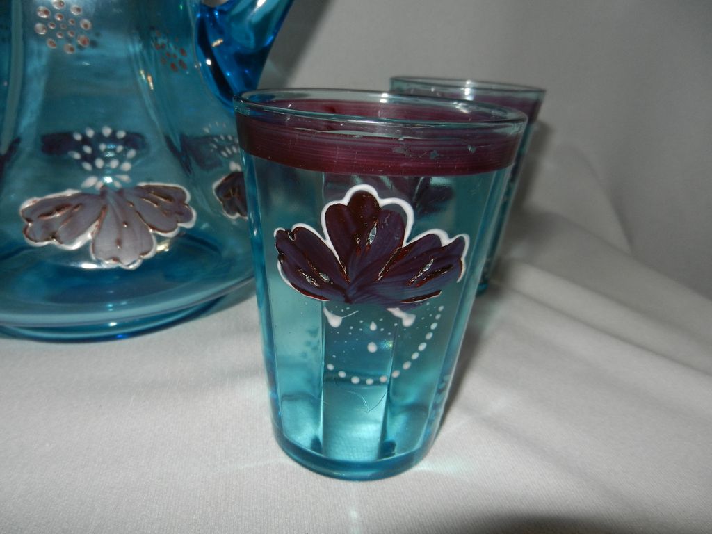 Antique Victorian Hand Blown and Painted Blue Water Set Antique Victorian Hand Blown and Painted Blue Water Set