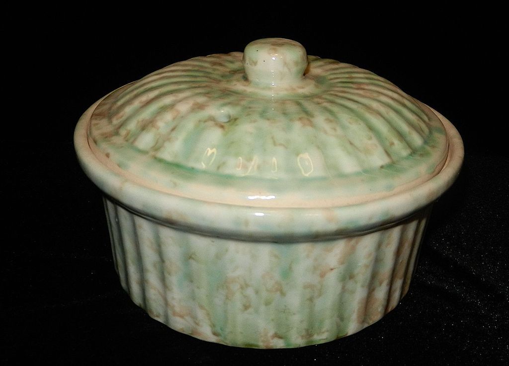 Vintage Green Spongeware Earthenware Pottery Casserole with Lid from