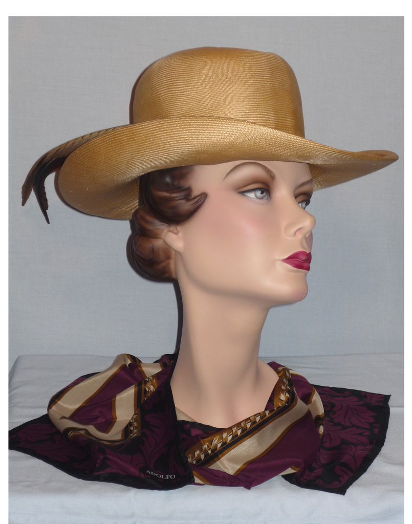 1980s Adolfo II Straw Hat with Pheasant Feathers 1980s Adolfo II Straw Hat with Pheasant Feathers