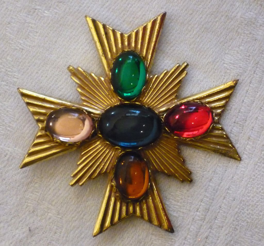 Miriam Haskell 1980s Maltese Cross Brooch/Pin With Multi-Color Glass Cabachons Miriam Haskell 1980s Maltese Cross Brooch/Pin With Multi-Color Glass Cabachons