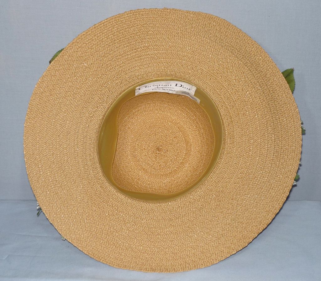 Late 1960s Christian Dior Floral Wide Brim Straw Hat, Sold at Robinson's, California Late 1960s Christian Dior Floral Wide Brim Straw Hat, Sold at Robinson's, California