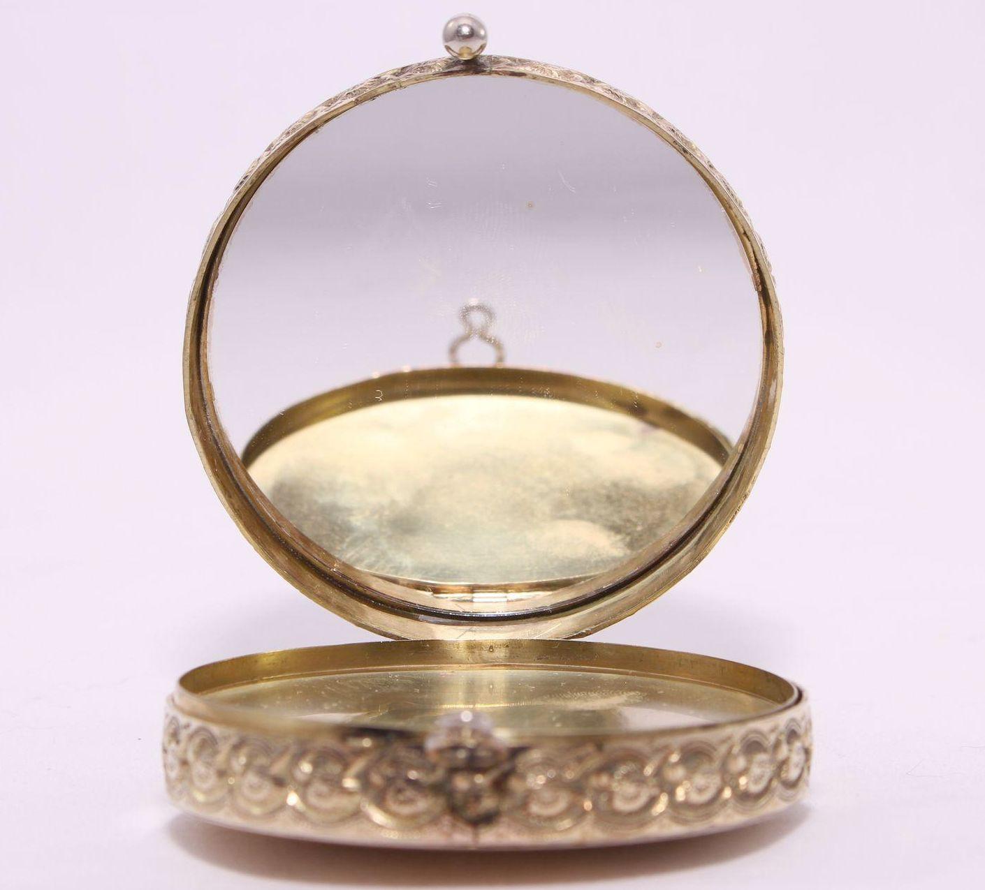 Brass, French Enamel and SterlingTurn of the Century Two-Tiered Chatelaine Compact On Chain Brass, French Enamel and SterlingTurn of the Century Two-Tiered Chatelaine Compact On Chain