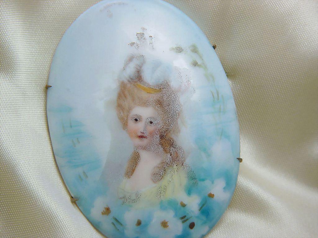 Large Victorian Girl with Curls Hand-Painted Porcelain Brooch Circa 1880 Large Victorian Girl with Curls Hand-Painted Porcelain Brooch Circa 1880