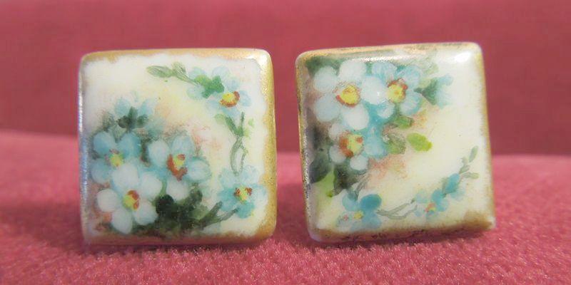 Artist-Signed Hand-Painted Porcelain Square "Forget-Me-Not" Victorian Cufflinks Artist-Signed Hand-Painted Porcelain Square "Forget-Me-Not" Victorian Cufflinks