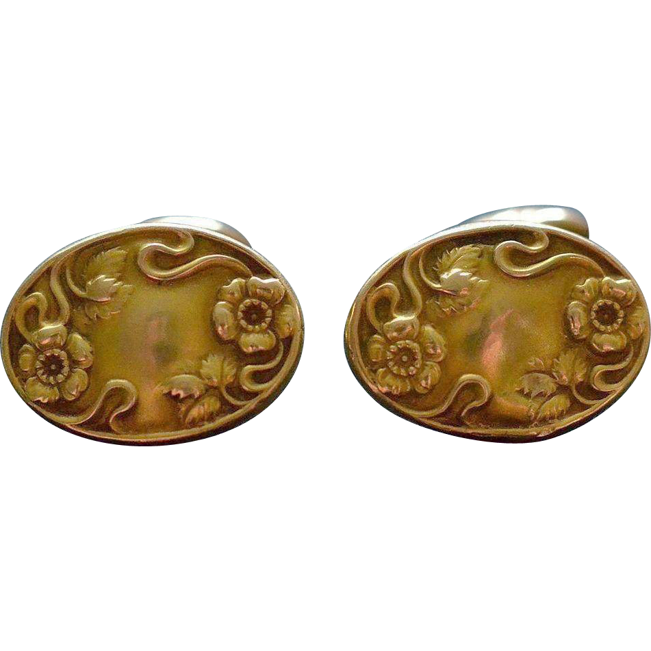 Beautiful Victorian Oval Gold-Filled Cufflinks with Little Flowers Circa 1880 Beautiful Victorian Oval Gold-Filled Cufflinks with Little Flowers Circa 1880