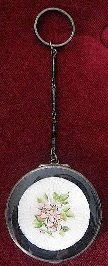 Antique Black and White French Enamel Guilloche Chatelaine Compact on Ring Antique Black and White French Enamel Guilloche Chatelaine Compact on Ring
