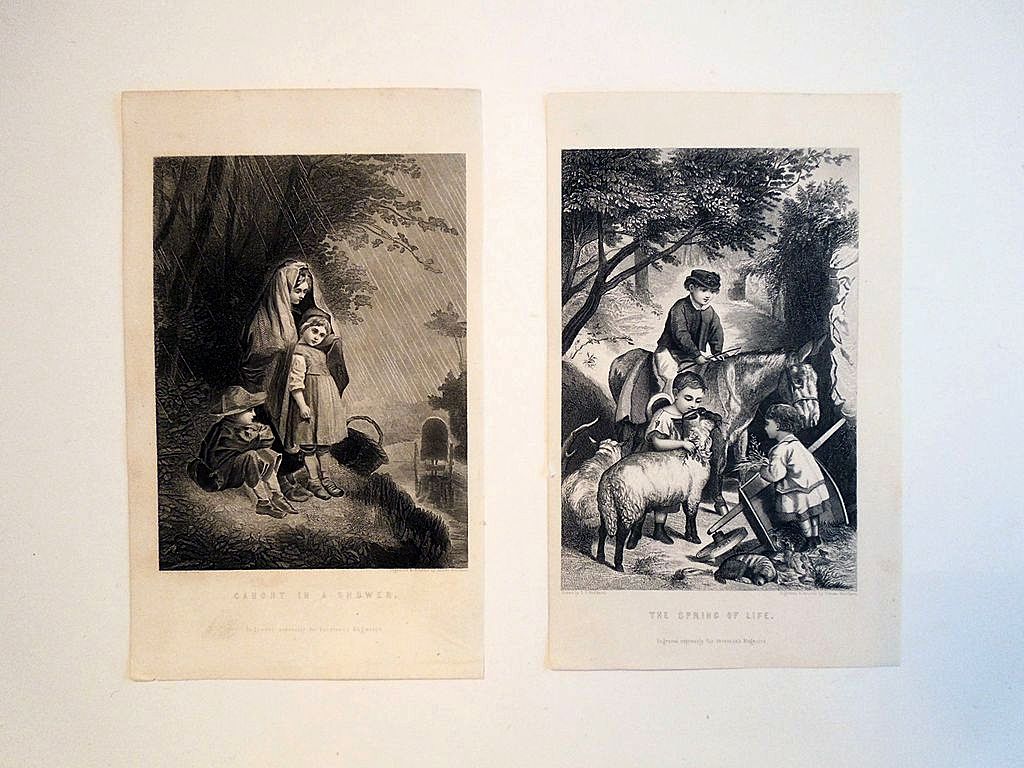 Pair 19th Century Engravings 'Caught in a Shower' & 'The Spring of Life' Pair 19th Century Engravings 'Caught in a Shower' & 'The Spring of Life'