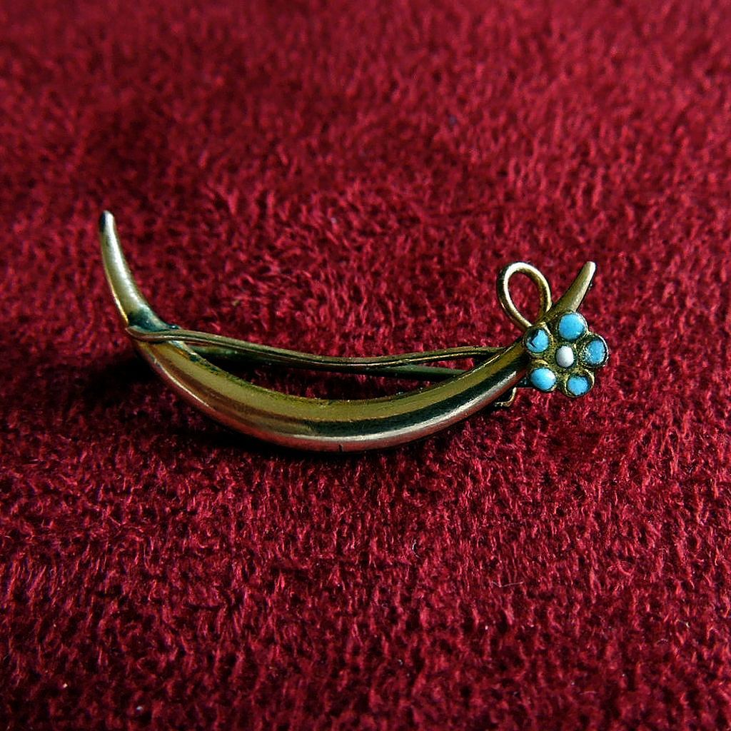 Little Antique Gold-Filled Crescent Pin with Enamel Flower Little Antique Gold-Filled Crescent Pin with Enamel Flower