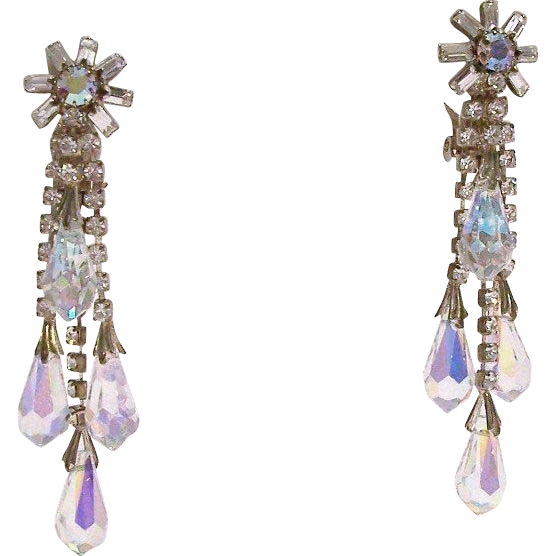 Swarovski Crystals Aurora Borealis Briolettes Shoulder Duster Clip Earrings Swarovski Crystals Aurora Borealis Briolettes Shoulder Duster Clip Earrings