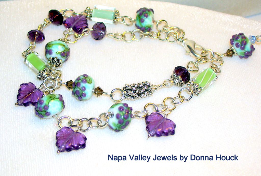 Set- Greens, Purples - double strand charm bracelet w/ earrings - grape clusters on lampwork beads Set- Greens, Purples - double strand charm bracelet w/ earrings - grape clusters on lampwork beads