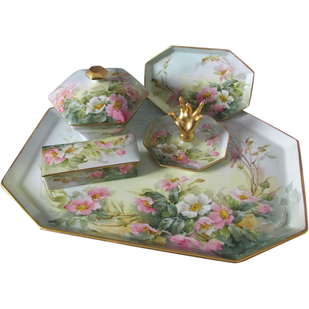 Lovely Hand Painted French Limoges Dresser, Vanity Set, Tray, Boxes