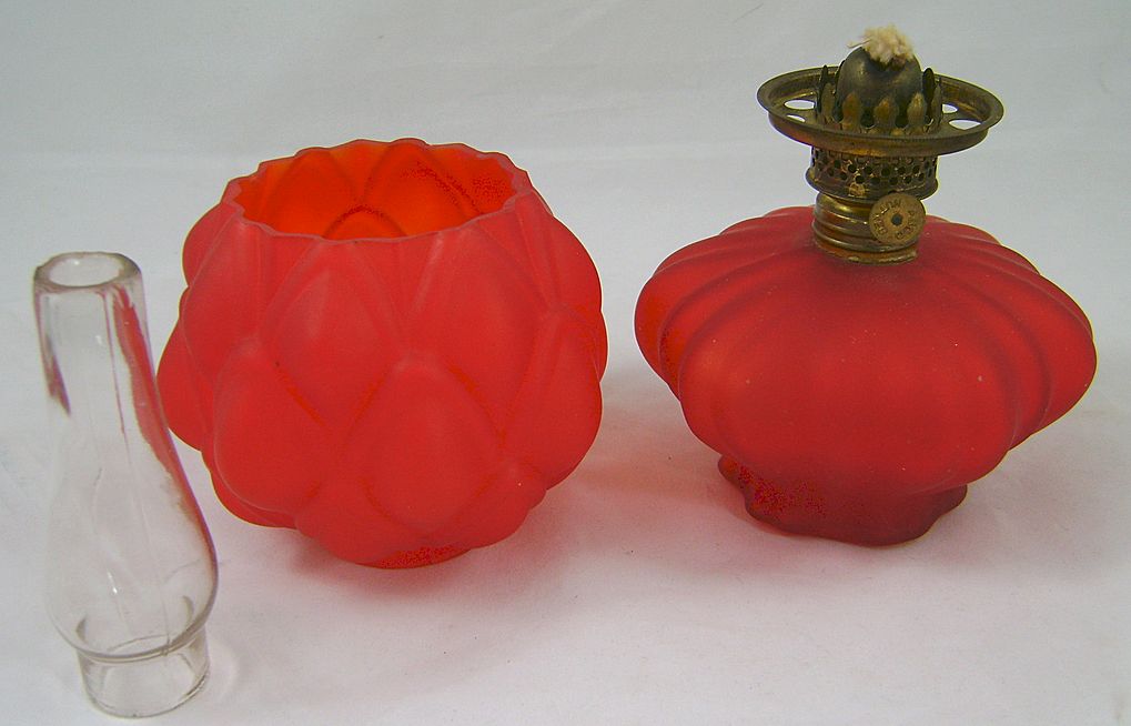 Victorian Red Satin Glass Artichoke Miniature Oil Lamp Victorian Red Satin Glass Artichoke Miniature Oil Lamp