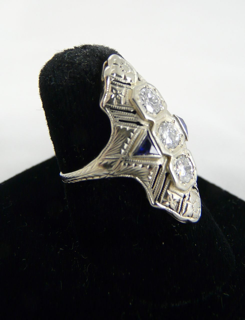 Art Deco Diamond & Sapphire 18K White Gold Ring c. 1920 Art Deco Diamond & Sapphire 18K White Gold Ring c. 1920