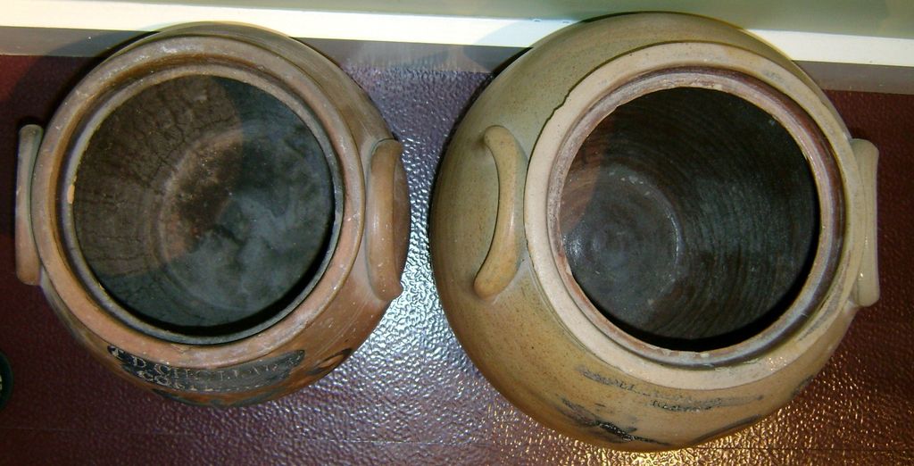 2 T.D. Chollar Blue Decorated Stoneware Ovoid Crocks 2 T.D. Chollar Blue Decorated Stoneware Ovoid Crocks
