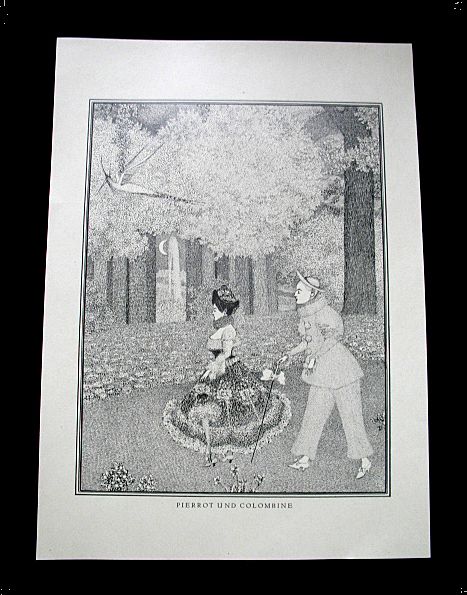 Antique German Art Nouveau Print Lithograph Pierrot & Columbine Signed EXTRAORDINARY! Antique German Art Nouveau Print Lithograph Pierrot & Columbine Signed EXTRAORDINARY!