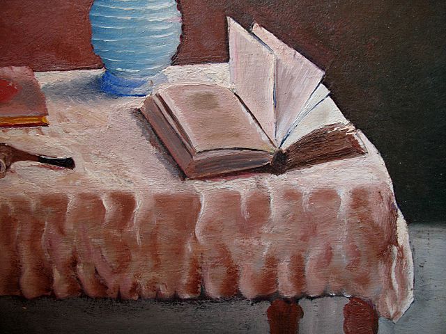 Vintage 40s French Provence Still Life Painting Book Lamp Pipe Signed Dated TO DIE FOR! Vintage 40s French Provence Still Life Painting Book Lamp Pipe Signed Dated TO DIE FOR!