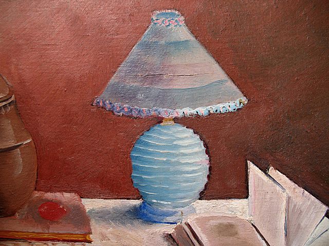 Vintage 40s French Provence Still Life Painting Book Lamp Pipe Signed Dated TO DIE FOR! Vintage 40s French Provence Still Life Painting Book Lamp Pipe Signed Dated TO DIE FOR!