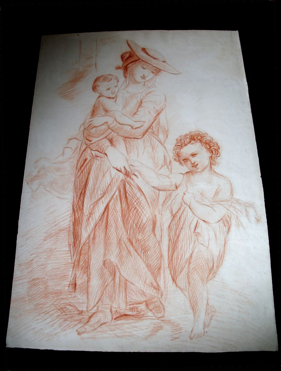 Antique Drawing 18th C Century French Georgian Regency LARGE Mother And Children DIVINE! Antique Drawing 18th C Century French Georgian Regency LARGE Mother And Children DIVINE!