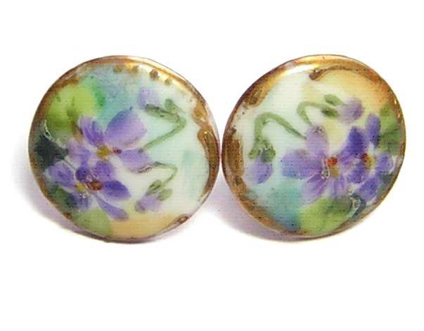 Antique Painted Porcelain Buttons w/ Violets Design Antique Painted Porcelain Buttons w/ Violets Design