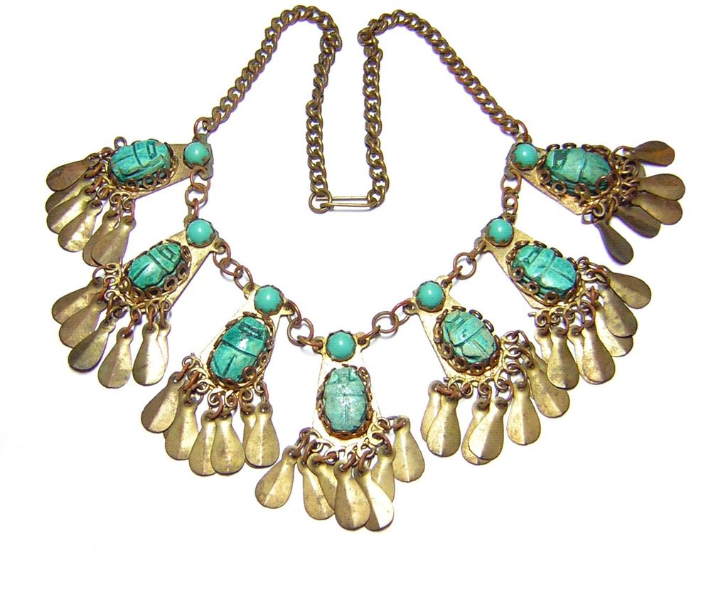 1920s Egyptian Revival Brass & Glass & Faience Scarab Necklace 1920s Egyptian Revival Brass & Glass & Faience Scarab Necklace