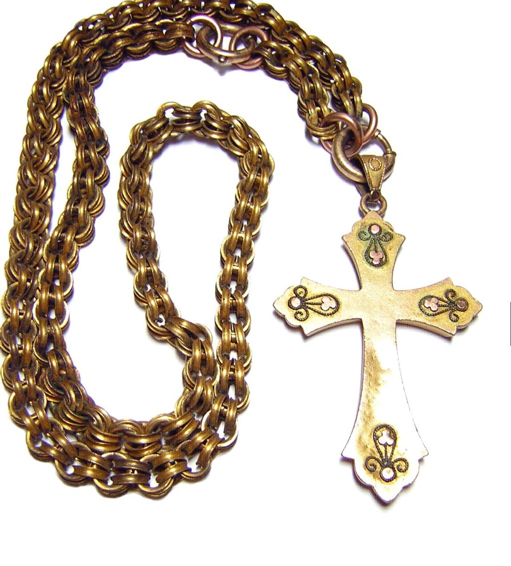 Antique Victorian Yellow & Rose Gold Fill Cross Necklace Antique Victorian Yellow & Rose Gold Fill Cross Necklace