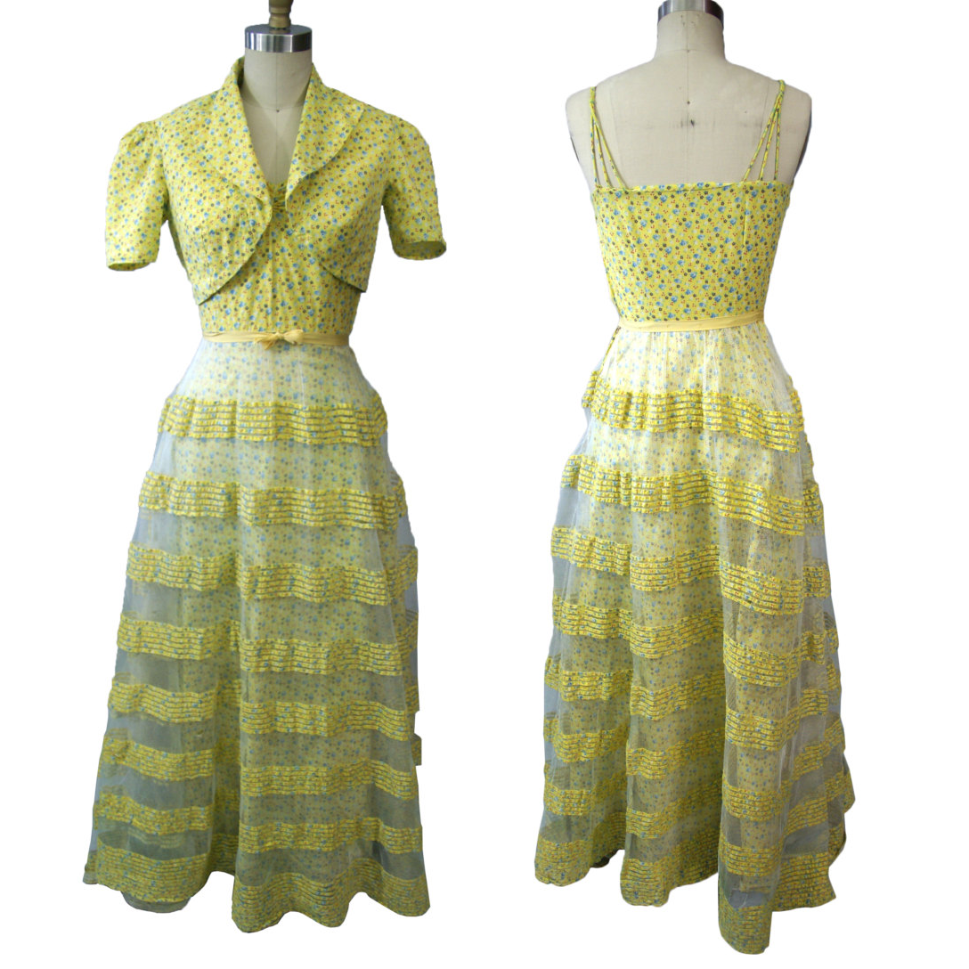 1940s Yellow Ditsy Print Cotton Sundress with Jacket