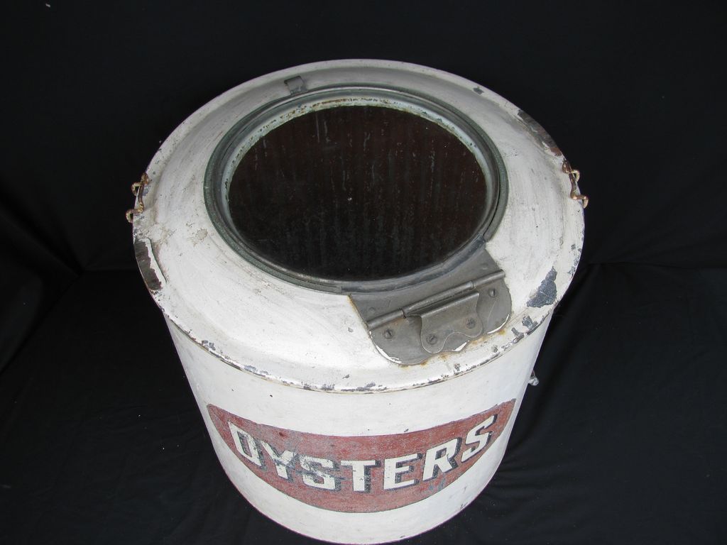 Vintage Painted Advertising Large Tin Oyster Bucket With Glass Lid Vintage Painted Advertising Large Tin Oyster Bucket With Glass Lid