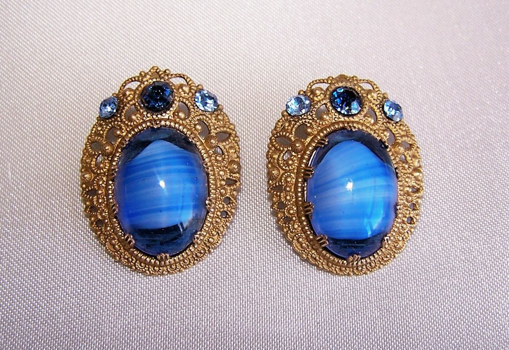 Vintage Germany Blue Art Glass Rhinestone Filigree Earrings Vintage Germany Blue Art Glass Rhinestone Filigree Earrings