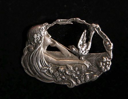 Sterling Silver Art Nouveau Lady with Bird Pin/Brooch Sterling Silver Art Nouveau Lady with Bird Pin/Brooch