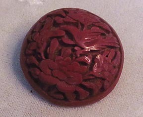 Vintage Cinnabar Button with Carved Bird and Flowers Vintage Cinnabar Button with Carved Bird and Flowers