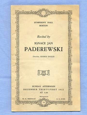 Paderewski Concert Performance Program, Boston Symphony Hall 1922 Paderewski Concert Performance Program, Boston Symphony Hall 1922