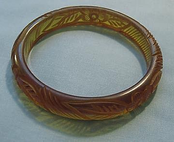 Carved Applejuice Bakelite Bangle Bracelet, Floral Design Carved Applejuice Bakelite Bangle Bracelet, Floral Design