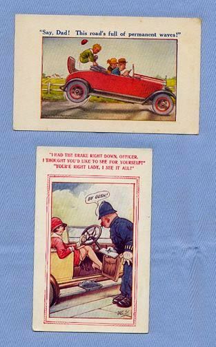 Pair of Postcards from Bamforth Auto Comic Series, Artist Signed Pair of Postcards from Bamforth Auto Comic Series, Artist Signed