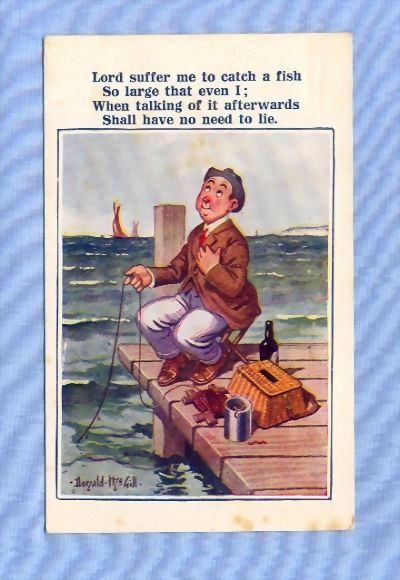 Comic Postcard – Man Praying for Large Fish, McGill Illustration Comic Postcard – Man Praying for Large Fish, McGill Illustration