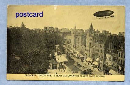 Aviator Cromwell Dixon Over Boston in Balloon-Bicycle – Fantasy Postcard Aviator Cromwell Dixon Over Boston in Balloon-Bicycle – Fantasy Postcard