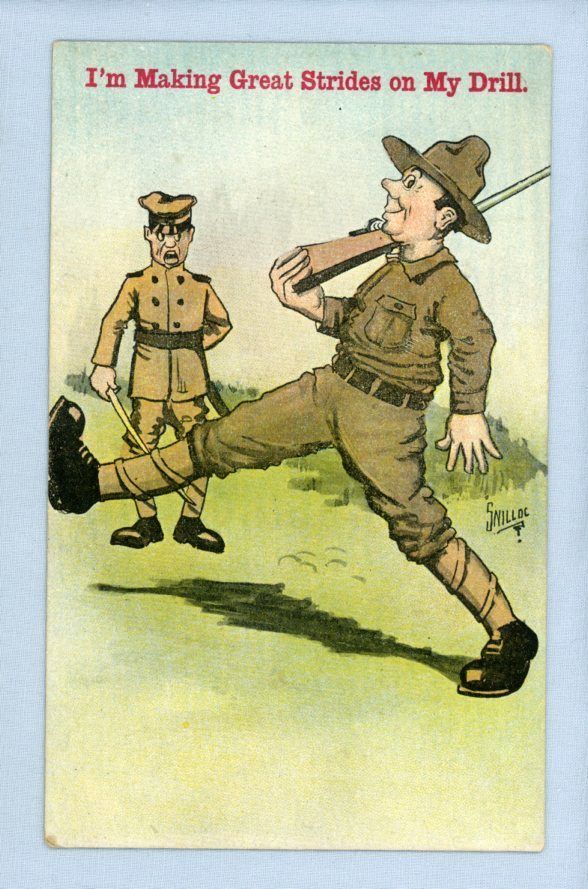 Comic Military Postcard - Marching Soldier, Artist Signed Comic Military Postcard - Marching Soldier, Artist Signed