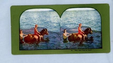 Girl on a Pony in the Water - Stereoview Card Girl on a Pony in the Water - Stereoview Card